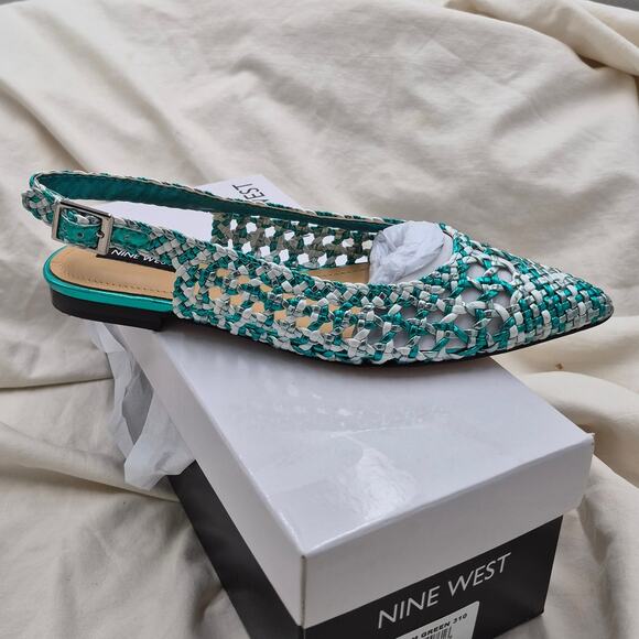 NEW Nine West Women's Soel Slingback Pointed Toe Flats woven design Green Sz 6.5 - Picture 1 of 8